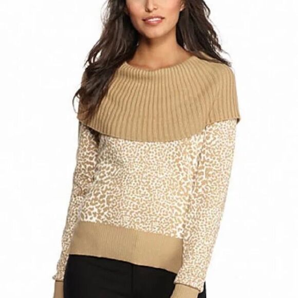 Michael Kors Animal Print Cowl Neck Pullover Sweater Tan/White Small - Picture 1 of 10
